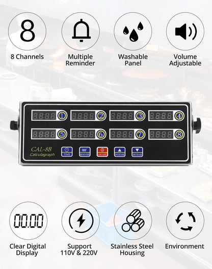 Digital Kitchen Timer - 8-Channel Multi-Timer with Waterproof Panel, Adjustable Volume