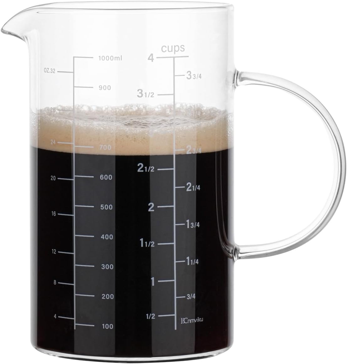 Glass Measuring Cup, Insulated handle, V-Shaped Spout, High Borosilicate Glass Measuring Cup 1000ML、 /1 Liter, 4 Cup for Kitchen or Restaurant, Easy To Read (1000ml-1pcs)