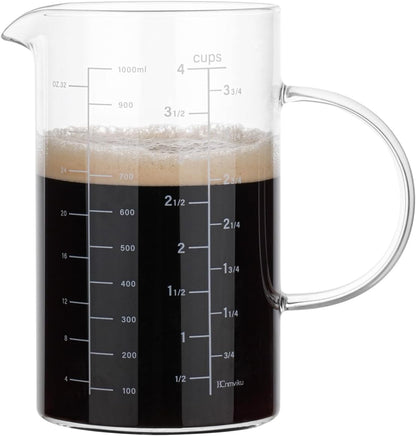 Glass Measuring Cup, Insulated handle, V-Shaped Spout, High Borosilicate Glass Measuring Cup 1000ML、 /1 Liter, 4 Cup for Kitchen or Restaurant, Easy To Read (1000ml-1pcs)