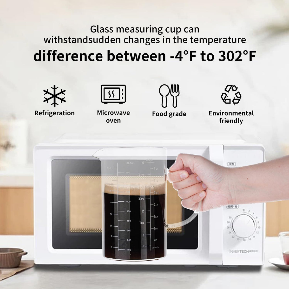 Glass Measuring Cup, Insulated handle, V-Shaped Spout, High Borosilicate Glass Measuring Cup 1000ML、 /1 Liter, 4 Cup for Kitchen or Restaurant, Easy To Read (1000ml-1pcs)