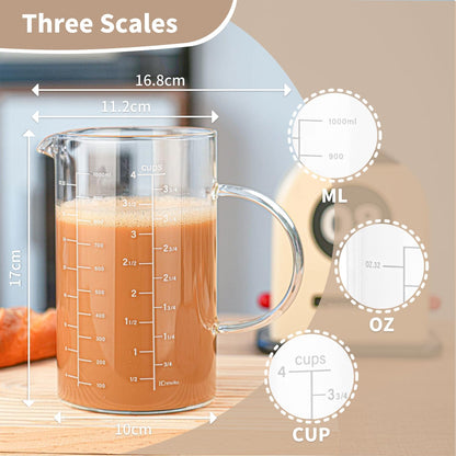 Glass Measuring Cup, Insulated handle, V-Shaped Spout, High Borosilicate Glass Measuring Cup 1000ML、 /1 Liter, 4 Cup for Kitchen or Restaurant, Easy To Read (1000ml-1pcs)