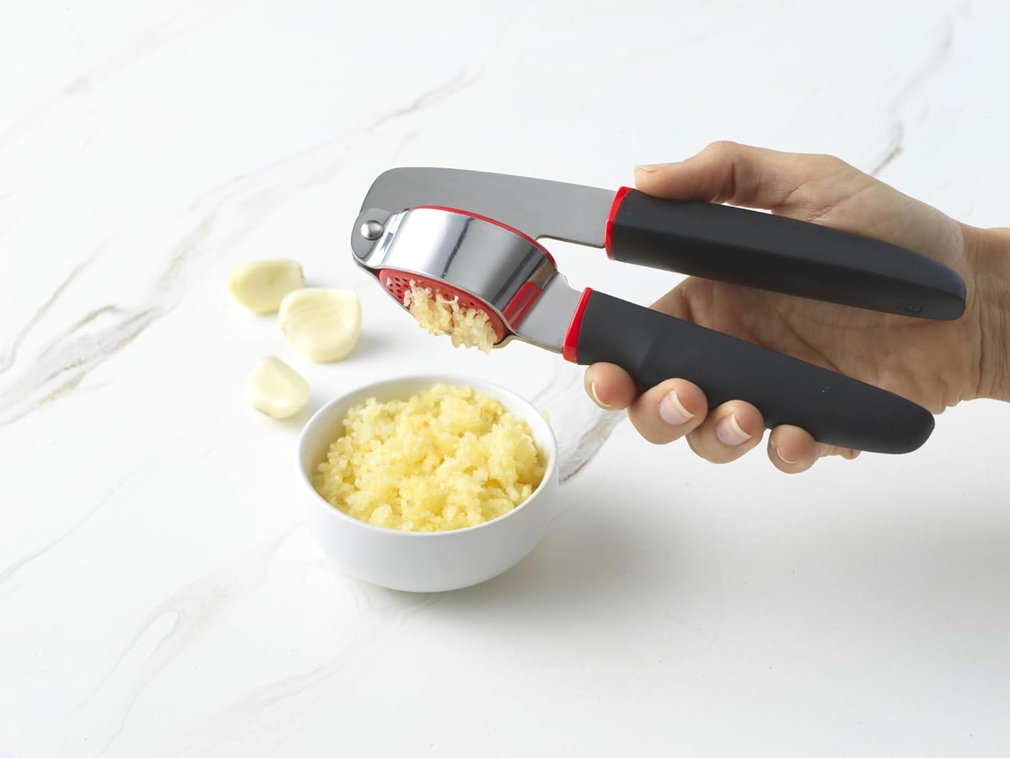 Touch Dishwasher Safe Garlic Press with Stainless Steel Head, Black/Red