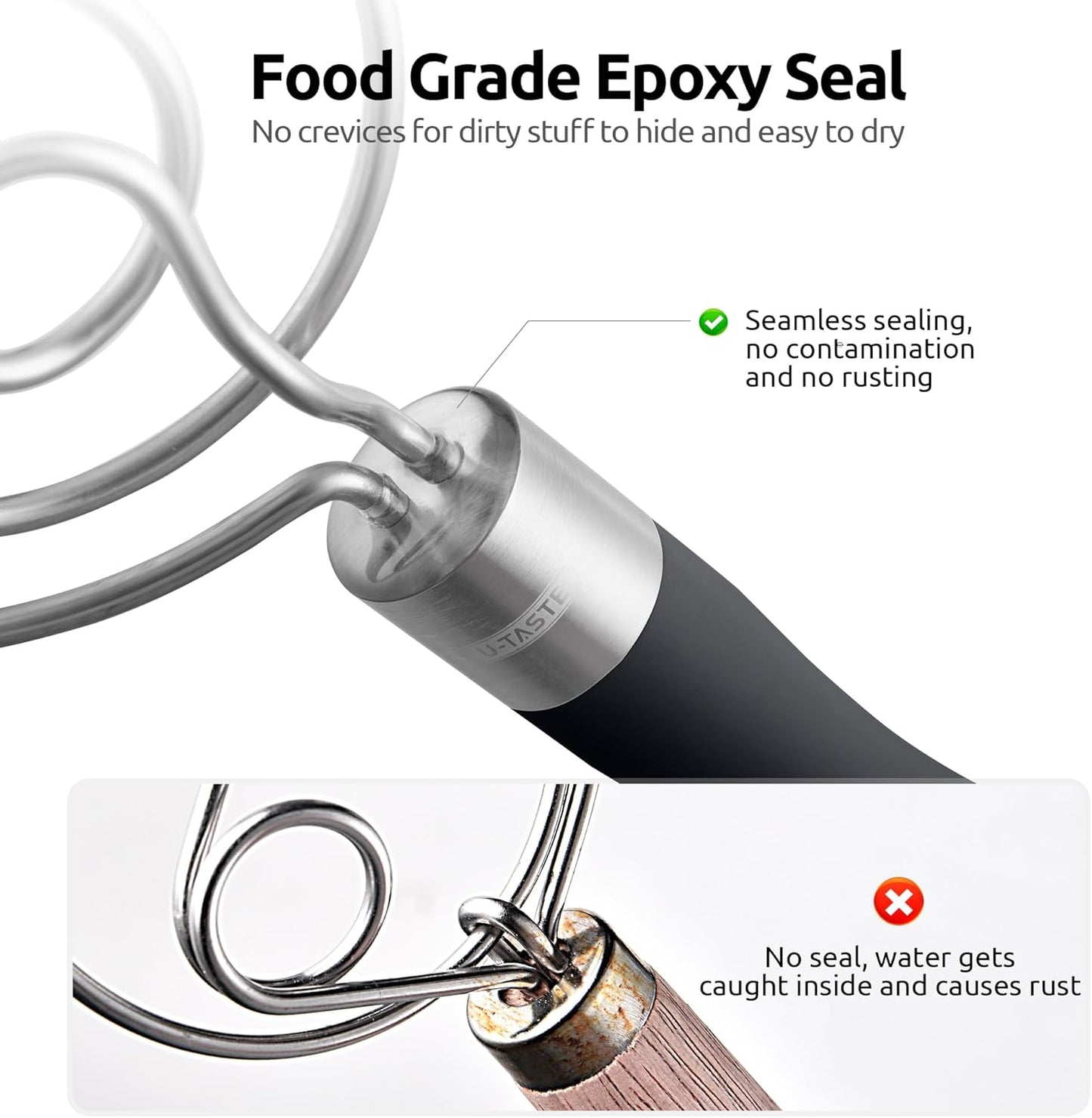 12.6" Danish Dough Whisk: 18/8 Stainless Steel Heavy-Duty Sourdough Mixer Tool, Food Grade Dutch Style Seamless Bread Wisk, Sturdy for Mixing, Stirring, Pressing, Kneading Thick Batter (Black)