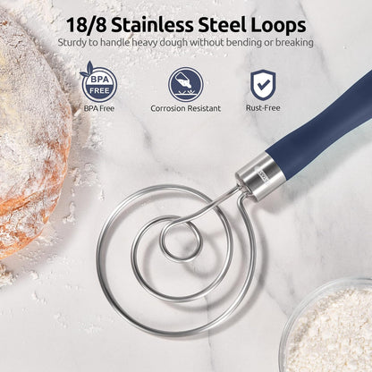 12.6" Danish Dough Whisk: 18/8 Stainless Steel Heavy-Duty Sourdough Mixer Tool, Food Grade Dutch Style Seamless Bread Wisk, Sturdy for Mixing, Stirring, Pressing, Kneading Thick Batter (Black)