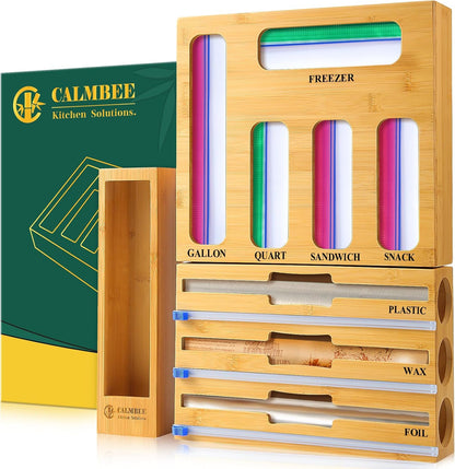 9 in 1 Bamboo Storage Bag Organizer for Kitchen Drawer – Plastic Wrap Dispenser with Cutter & Foil Organizer, Wooden Baggie Organizer for Sandwich, Snack, Gallon, Quart Sizes, Natural