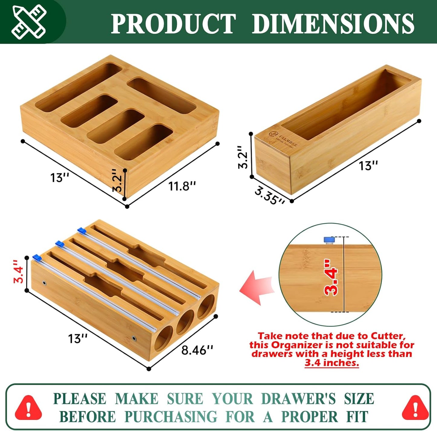 9 in 1 Bamboo Storage Bag Organizer for Kitchen Drawer – Plastic Wrap Dispenser with Cutter & Foil Organizer, Wooden Baggie Organizer for Sandwich, Snack, Gallon, Quart Sizes, Natural