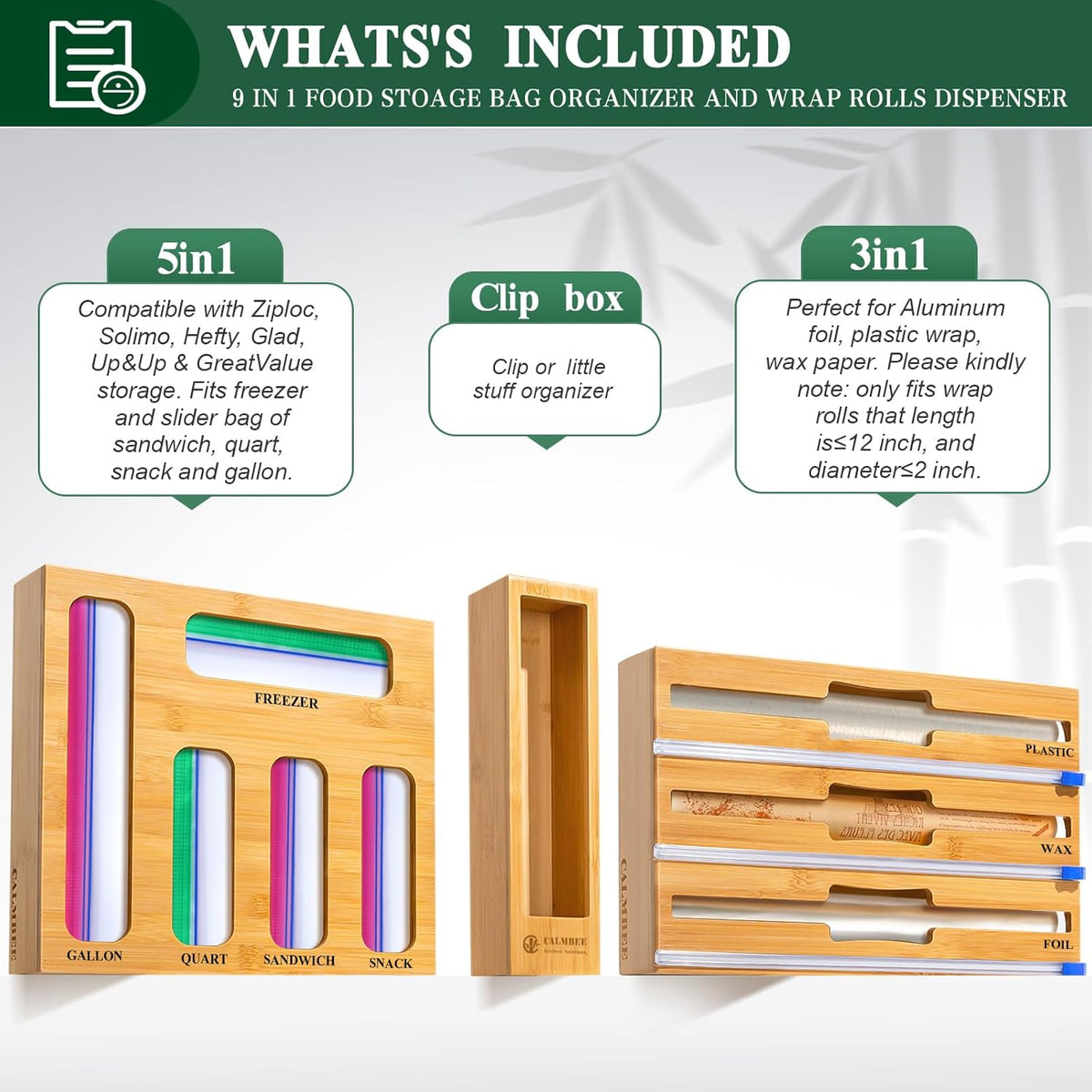 9 in 1 Bamboo Storage Bag Organizer for Kitchen Drawer – Plastic Wrap Dispenser with Cutter & Foil Organizer, Wooden Baggie Organizer for Sandwich, Snack, Gallon, Quart Sizes, Natural