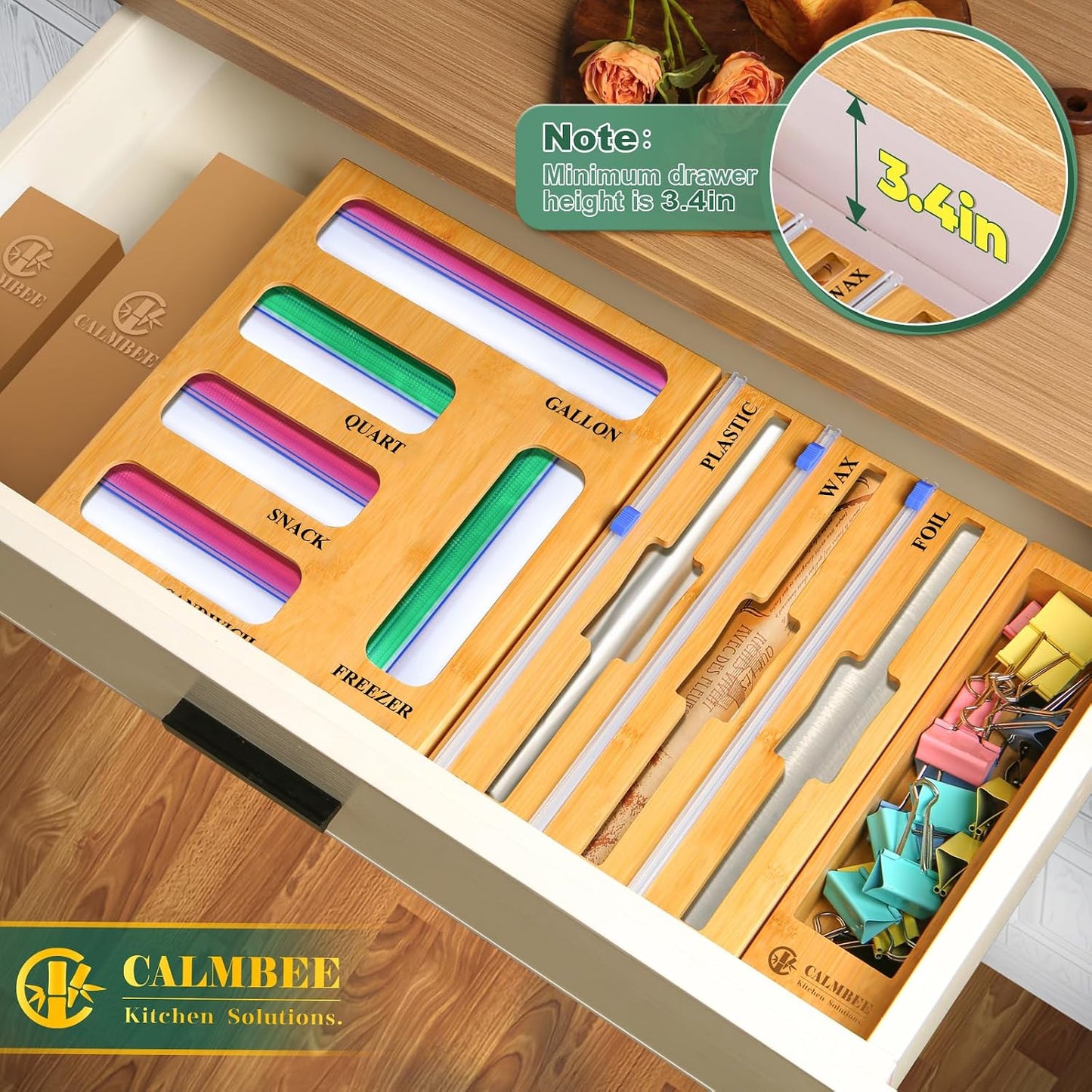 9 in 1 Bamboo Storage Bag Organizer for Kitchen Drawer – Plastic Wrap Dispenser with Cutter & Foil Organizer, Wooden Baggie Organizer for Sandwich, Snack, Gallon, Quart Sizes, Natural