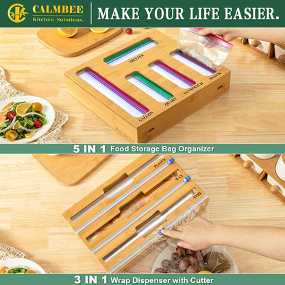 9 in 1 Bamboo Storage Bag Organizer for Kitchen Drawer – Plastic Wrap Dispenser with Cutter & Foil Organizer, Wooden Baggie Organizer for Sandwich, Snack, Gallon, Quart Sizes, Natural