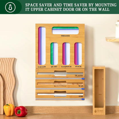 9 in 1 Bamboo Storage Bag Organizer for Kitchen Drawer – Plastic Wrap Dispenser with Cutter & Foil Organizer, Wooden Baggie Organizer for Sandwich, Snack, Gallon, Quart Sizes, Natural