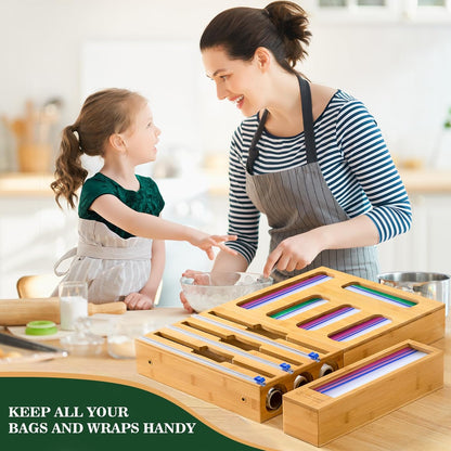 9 in 1 Bamboo Storage Bag Organizer for Kitchen Drawer – Plastic Wrap Dispenser with Cutter & Foil Organizer, Wooden Baggie Organizer for Sandwich, Snack, Gallon, Quart Sizes, Natural