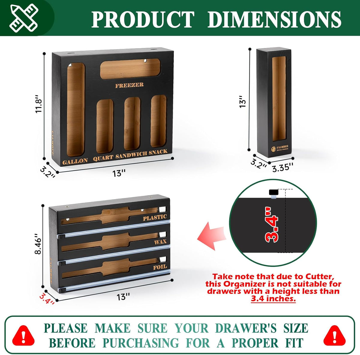 9 in 1 Bamboo Storage Bag Organizer for Kitchen Drawer – Plastic Wrap Dispenser with Cutter & Foil Organizer, Wooden Baggie Organizer for Sandwich, Snack, Gallon, Quart Sizes, Natural