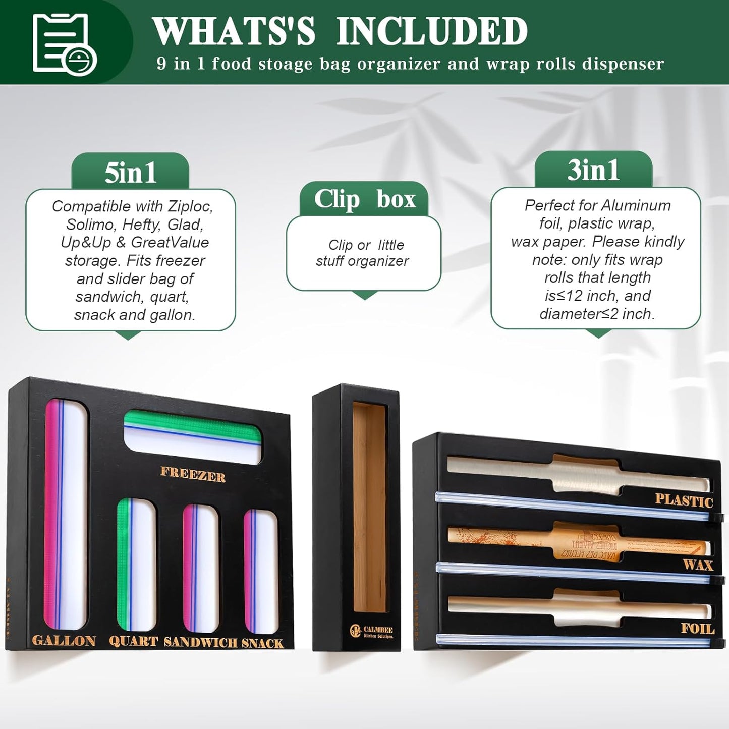 9 in 1 Bamboo Storage Bag Organizer for Kitchen Drawer – Plastic Wrap Dispenser with Cutter & Foil Organizer, Wooden Baggie Organizer for Sandwich, Snack, Gallon, Quart Sizes, Natural