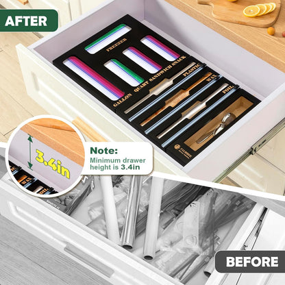 9 in 1 Bamboo Storage Bag Organizer for Kitchen Drawer – Plastic Wrap Dispenser with Cutter & Foil Organizer, Wooden Baggie Organizer for Sandwich, Snack, Gallon, Quart Sizes, Natural
