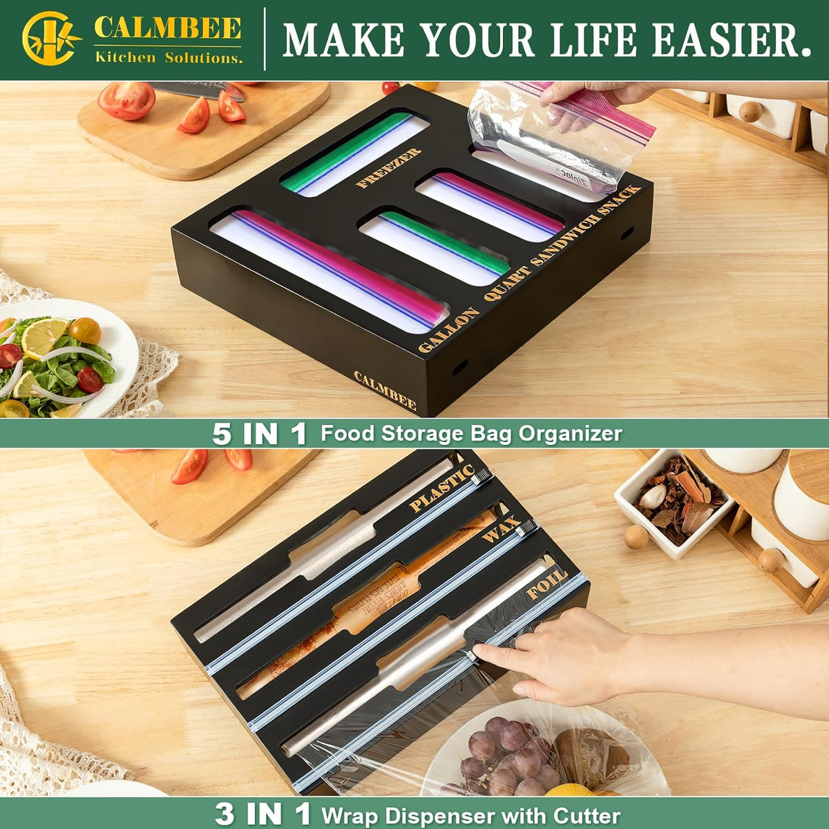 9 in 1 Bamboo Storage Bag Organizer for Kitchen Drawer – Plastic Wrap Dispenser with Cutter & Foil Organizer, Wooden Baggie Organizer for Sandwich, Snack, Gallon, Quart Sizes, Natural