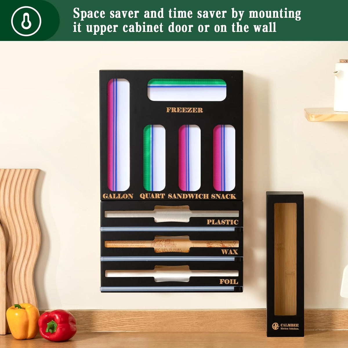 9 in 1 Bamboo Storage Bag Organizer for Kitchen Drawer – Plastic Wrap Dispenser with Cutter & Foil Organizer, Wooden Baggie Organizer for Sandwich, Snack, Gallon, Quart Sizes, Natural