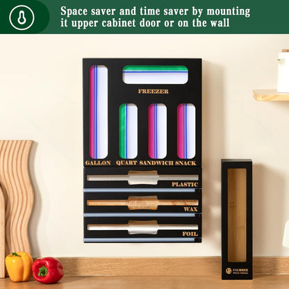 9 in 1 Bamboo Storage Bag Organizer for Kitchen Drawer – Plastic Wrap Dispenser with Cutter & Foil Organizer, Wooden Baggie Organizer for Sandwich, Snack, Gallon, Quart Sizes, Natural