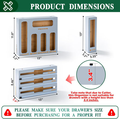 9 in 1 Bamboo Storage Bag Organizer for Kitchen Drawer – Plastic Wrap Dispenser with Cutter & Foil Organizer, Wooden Baggie Organizer for Sandwich, Snack, Gallon, Quart Sizes, Natural