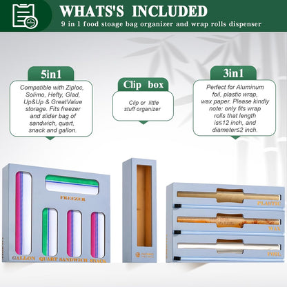 9 in 1 Bamboo Storage Bag Organizer for Kitchen Drawer – Plastic Wrap Dispenser with Cutter & Foil Organizer, Wooden Baggie Organizer for Sandwich, Snack, Gallon, Quart Sizes, Natural