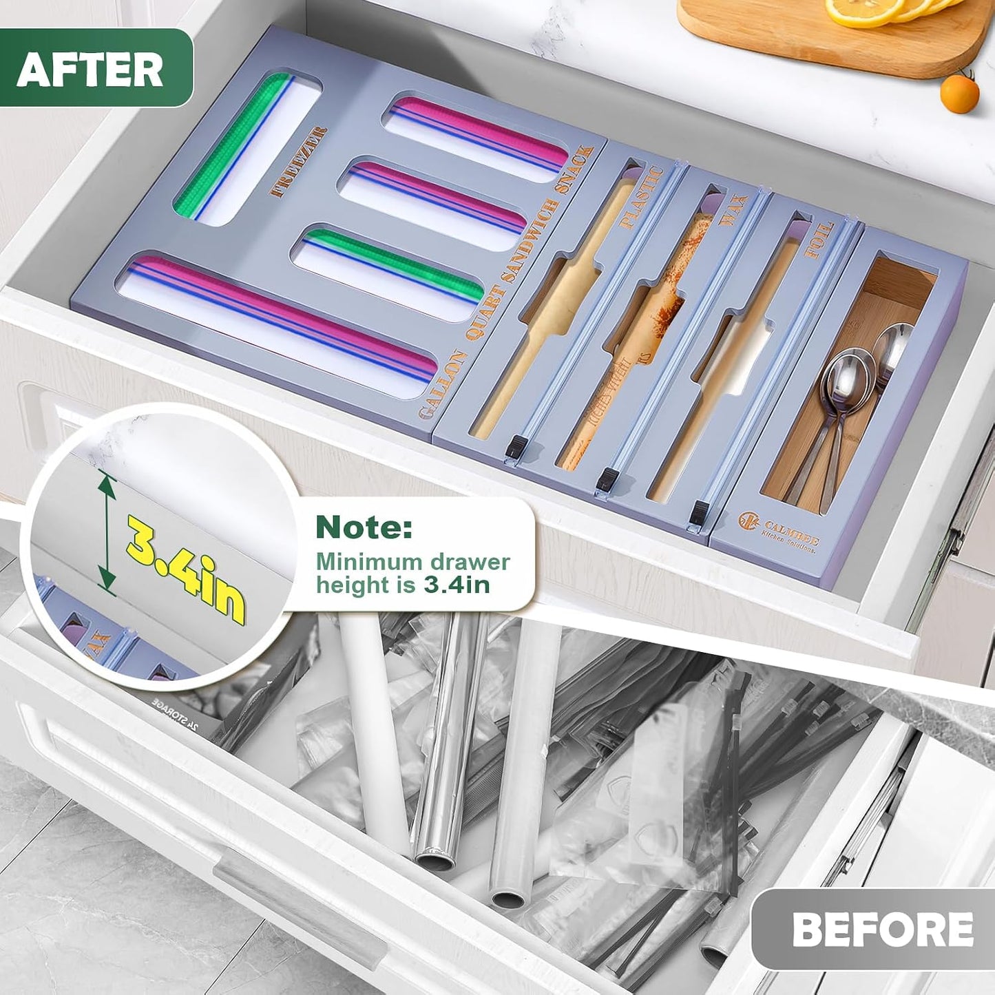 9 in 1 Bamboo Storage Bag Organizer for Kitchen Drawer – Plastic Wrap Dispenser with Cutter & Foil Organizer, Wooden Baggie Organizer for Sandwich, Snack, Gallon, Quart Sizes, Natural