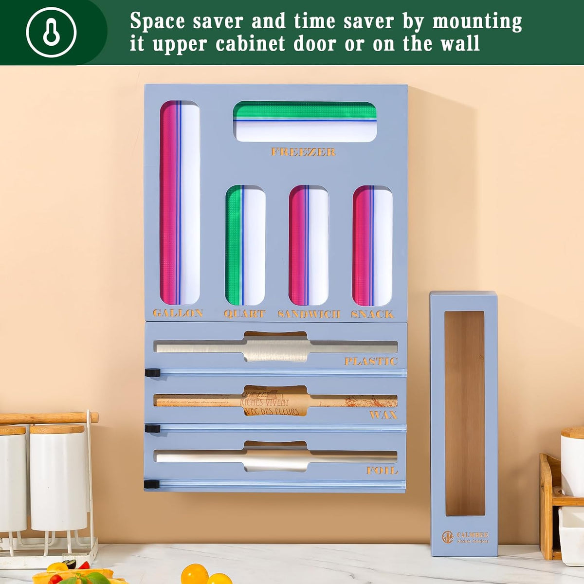 9 in 1 Bamboo Storage Bag Organizer for Kitchen Drawer – Plastic Wrap Dispenser with Cutter & Foil Organizer, Wooden Baggie Organizer for Sandwich, Snack, Gallon, Quart Sizes, Natural
