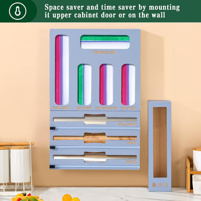 9 in 1 Bamboo Storage Bag Organizer for Kitchen Drawer – Plastic Wrap Dispenser with Cutter & Foil Organizer, Wooden Baggie Organizer for Sandwich, Snack, Gallon, Quart Sizes, Natural