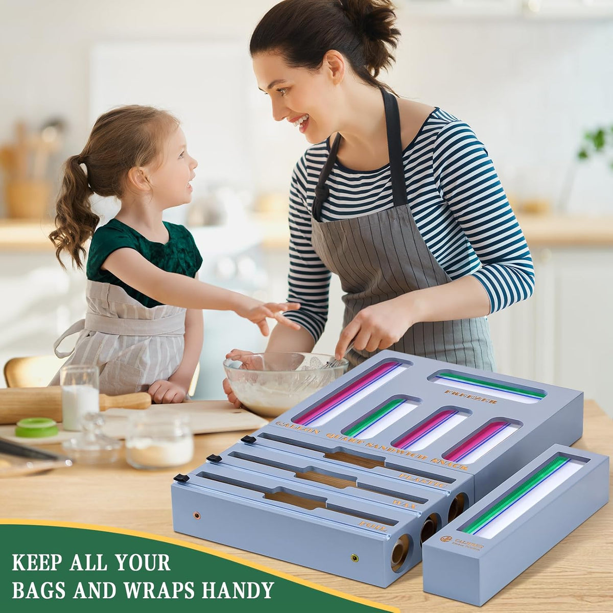 9 in 1 Bamboo Storage Bag Organizer for Kitchen Drawer – Plastic Wrap Dispenser with Cutter & Foil Organizer, Wooden Baggie Organizer for Sandwich, Snack, Gallon, Quart Sizes, Natural