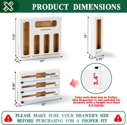9 in 1 Bamboo Storage Bag Organizer for Kitchen Drawer – Plastic Wrap Dispenser with Cutter & Foil Organizer, Wooden Baggie Organizer for Sandwich, Snack, Gallon, Quart Sizes, Natural