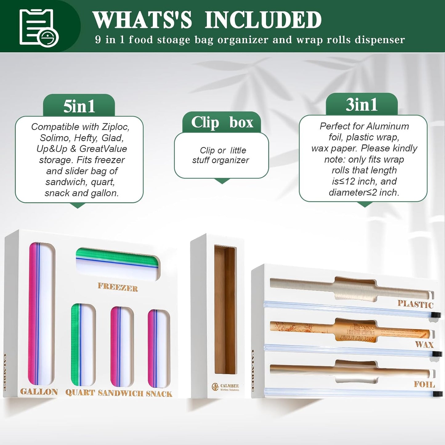 9 in 1 Bamboo Storage Bag Organizer for Kitchen Drawer – Plastic Wrap Dispenser with Cutter & Foil Organizer, Wooden Baggie Organizer for Sandwich, Snack, Gallon, Quart Sizes, Natural