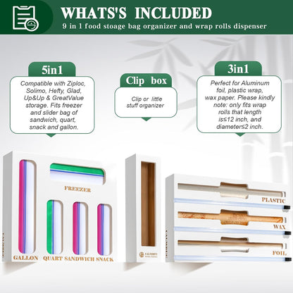 9 in 1 Bamboo Storage Bag Organizer for Kitchen Drawer – Plastic Wrap Dispenser with Cutter & Foil Organizer, Wooden Baggie Organizer for Sandwich, Snack, Gallon, Quart Sizes, Natural