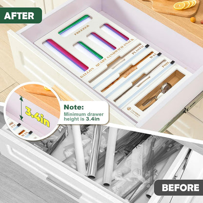 9 in 1 Bamboo Storage Bag Organizer for Kitchen Drawer – Plastic Wrap Dispenser with Cutter & Foil Organizer, Wooden Baggie Organizer for Sandwich, Snack, Gallon, Quart Sizes, Natural