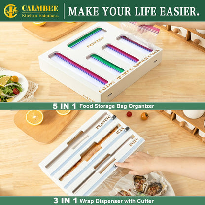 9 in 1 Bamboo Storage Bag Organizer for Kitchen Drawer – Plastic Wrap Dispenser with Cutter & Foil Organizer, Wooden Baggie Organizer for Sandwich, Snack, Gallon, Quart Sizes, Natural