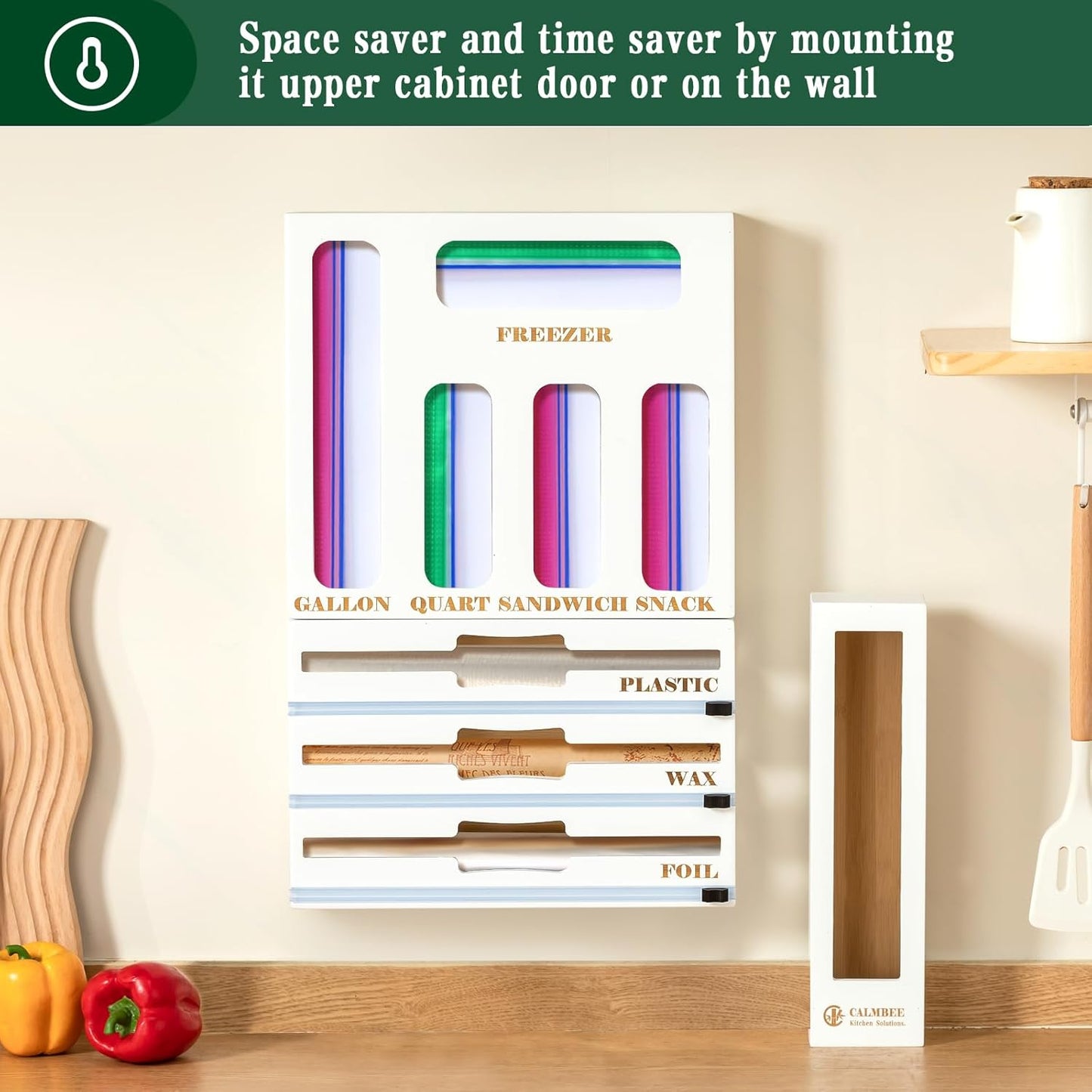 9 in 1 Bamboo Storage Bag Organizer for Kitchen Drawer – Plastic Wrap Dispenser with Cutter & Foil Organizer, Wooden Baggie Organizer for Sandwich, Snack, Gallon, Quart Sizes, Natural