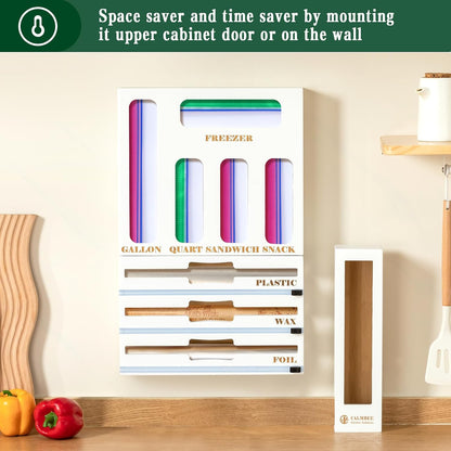 9 in 1 Bamboo Storage Bag Organizer for Kitchen Drawer – Plastic Wrap Dispenser with Cutter & Foil Organizer, Wooden Baggie Organizer for Sandwich, Snack, Gallon, Quart Sizes, Natural