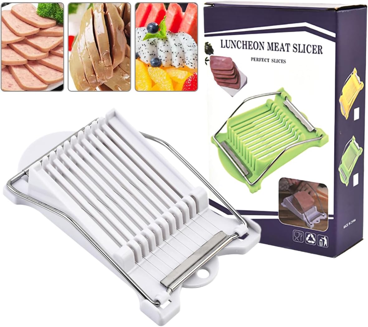 Multipurpose Luncheon Meat Slicer,Stainless Steel Wire Egg Slicer,Cuts 11 Slices for Spam,Cheese,fruit,Soft Food and Ham (White)
