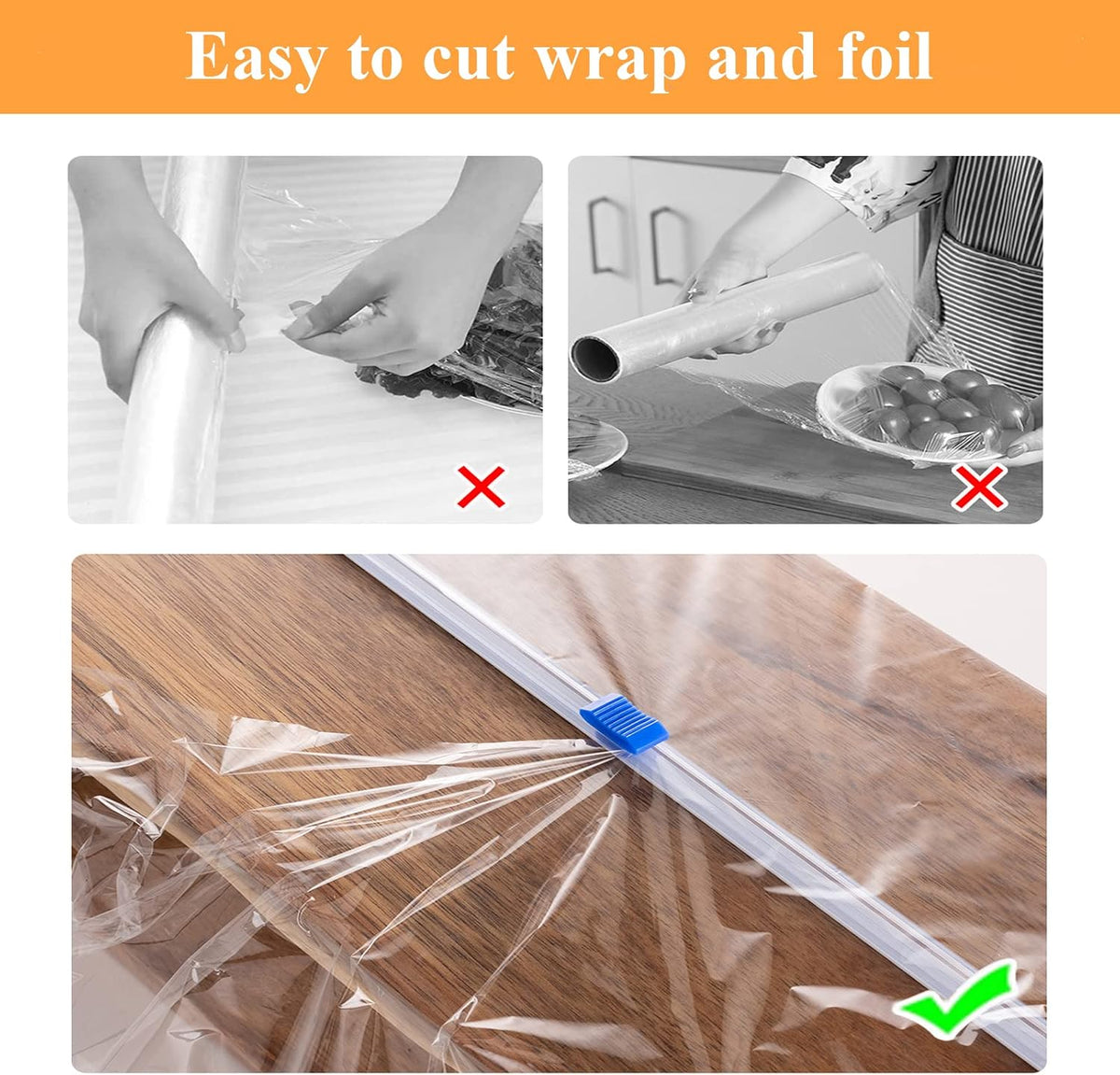 Plastic Wrap Slide Cutter - 4 Sticks Self-Adhesive Fit 12" Roll Plastic Wrap Sliding Cutter for Foil Wax Paper Parchment Paper - Wrapping Paper Cutter Replacement Fit Most Brands Wrap Dispenser