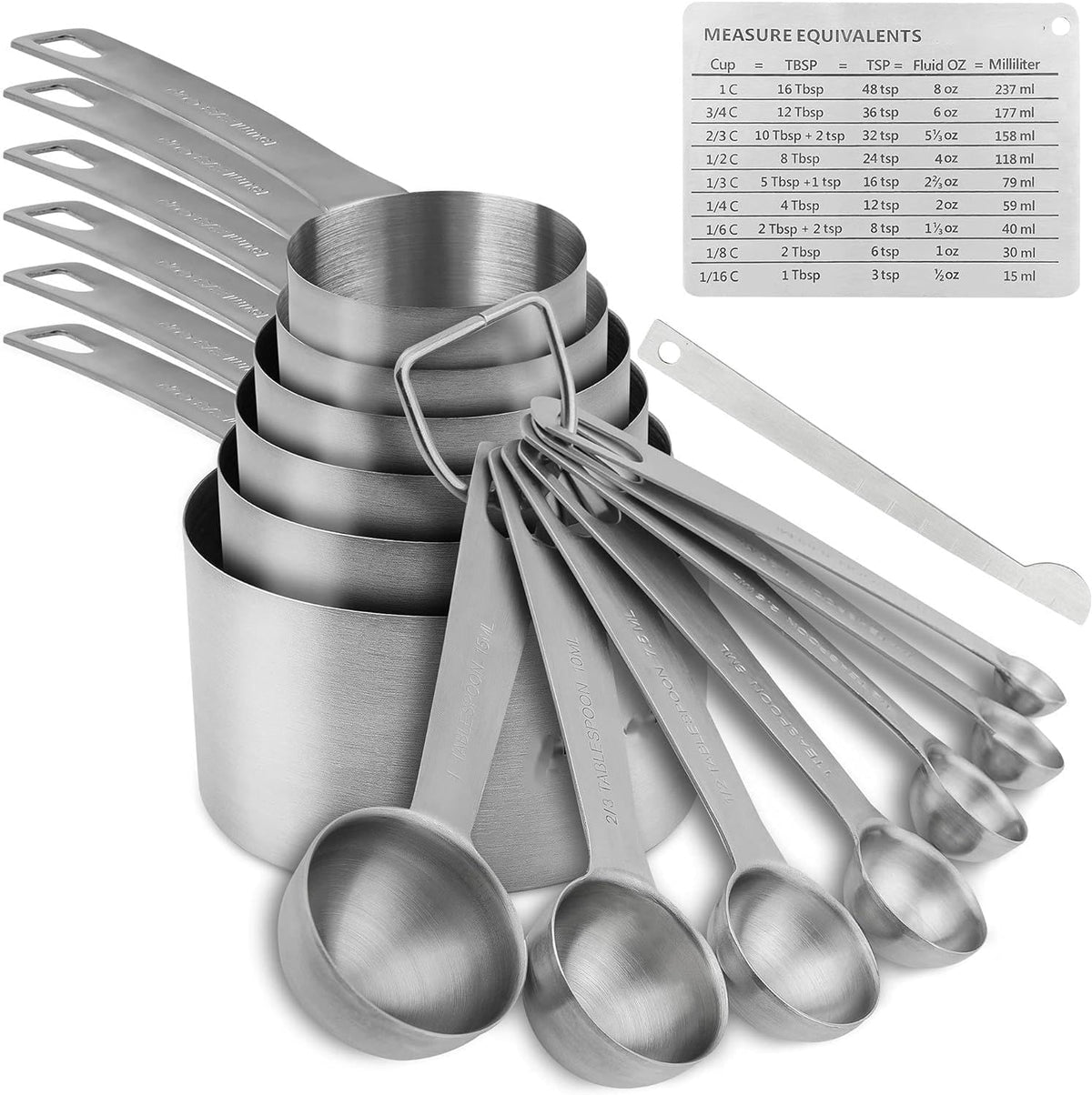 Measuring Cups and Spoons Set 15, Metric & US 18/8 Stainless Steel Measuring Cups and Spoons Set for Baking & Kitchen, 6 Measure Cups & 7 Spoons Leveler & Measure Equivalents for Dry&Liquid