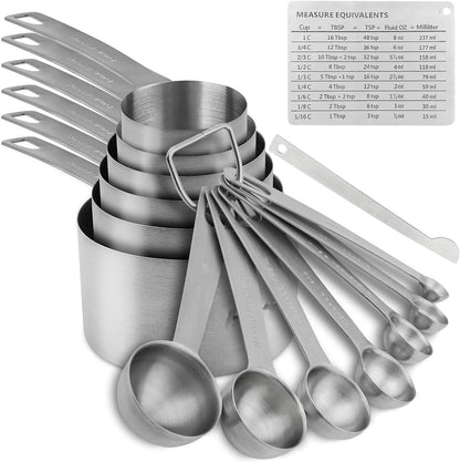 Measuring Cups and Spoons Set 15, Metric & US 18/8 Stainless Steel Measuring Cups and Spoons Set for Baking & Kitchen, 6 Measure Cups & 7 Spoons Leveler & Measure Equivalents for Dry&Liquid