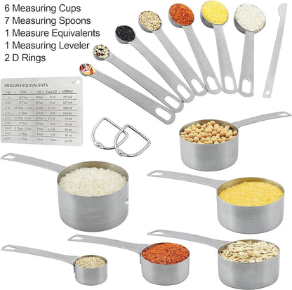 Measuring Cups and Spoons Set 15, Metric & US 18/8 Stainless Steel Measuring Cups and Spoons Set for Baking & Kitchen, 6 Measure Cups & 7 Spoons Leveler & Measure Equivalents for Dry&Liquid