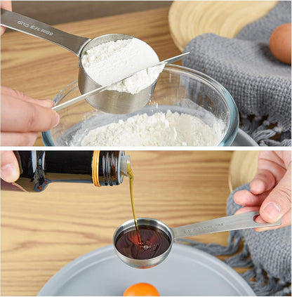 Measuring Cups and Spoons Set 15, Metric & US 18/8 Stainless Steel Measuring Cups and Spoons Set for Baking & Kitchen, 6 Measure Cups & 7 Spoons Leveler & Measure Equivalents for Dry&Liquid