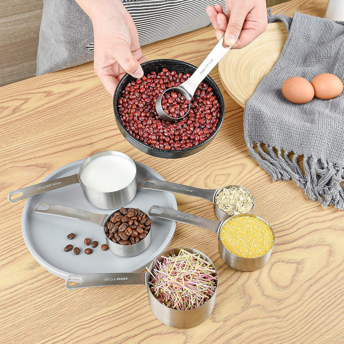 Measuring Cups and Spoons Set 15, Metric & US 18/8 Stainless Steel Measuring Cups and Spoons Set for Baking & Kitchen, 6 Measure Cups & 7 Spoons Leveler & Measure Equivalents for Dry&Liquid