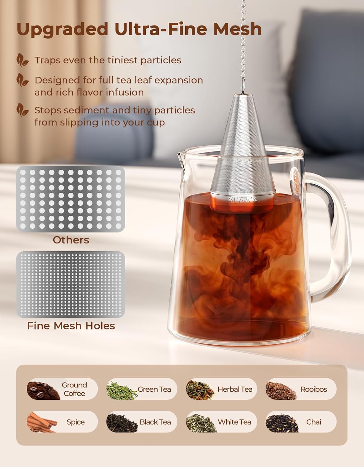 304 Stainless Steel Tea Strainer Fine Mesh Tea Infuser for Loose Leaf Tea | Cone Loose Leaf Tea Steeper with a Drip Tray, Tea Ball for Cup Mug Teapot Bottle Kettle
