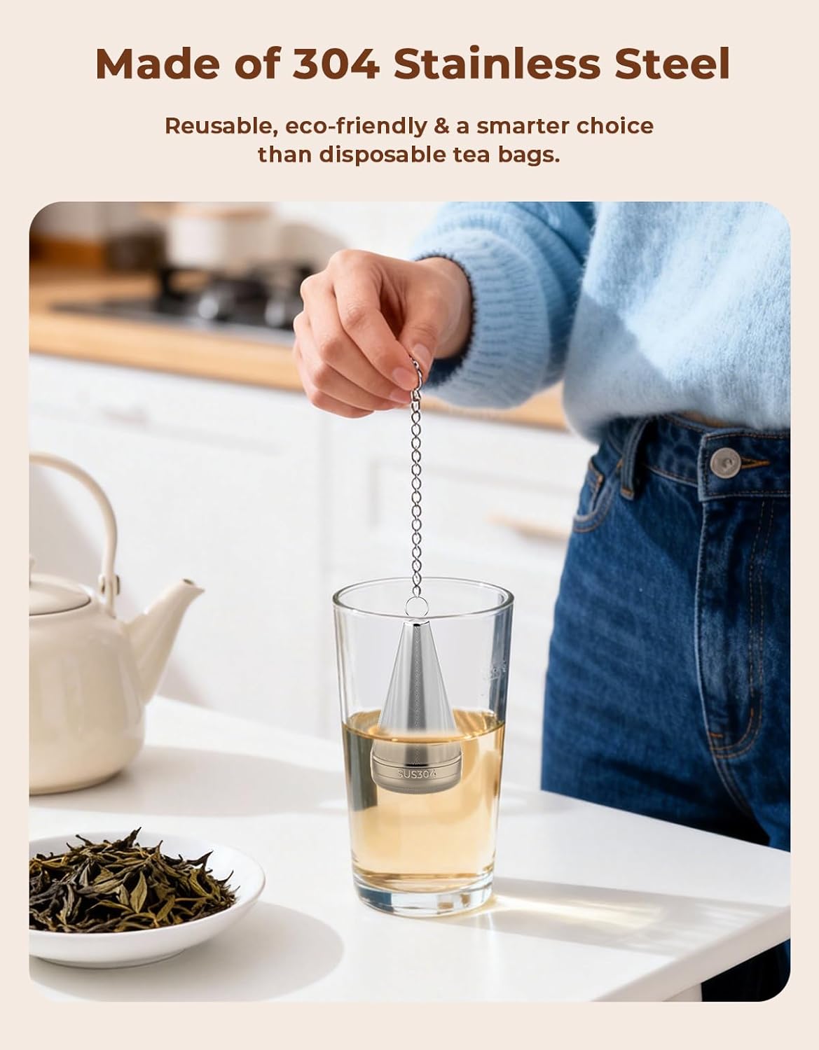 304 Stainless Steel Tea Strainer Fine Mesh Tea Infuser for Loose Leaf Tea | Cone Loose Leaf Tea Steeper with a Drip Tray, Tea Ball for Cup Mug Teapot Bottle Kettle