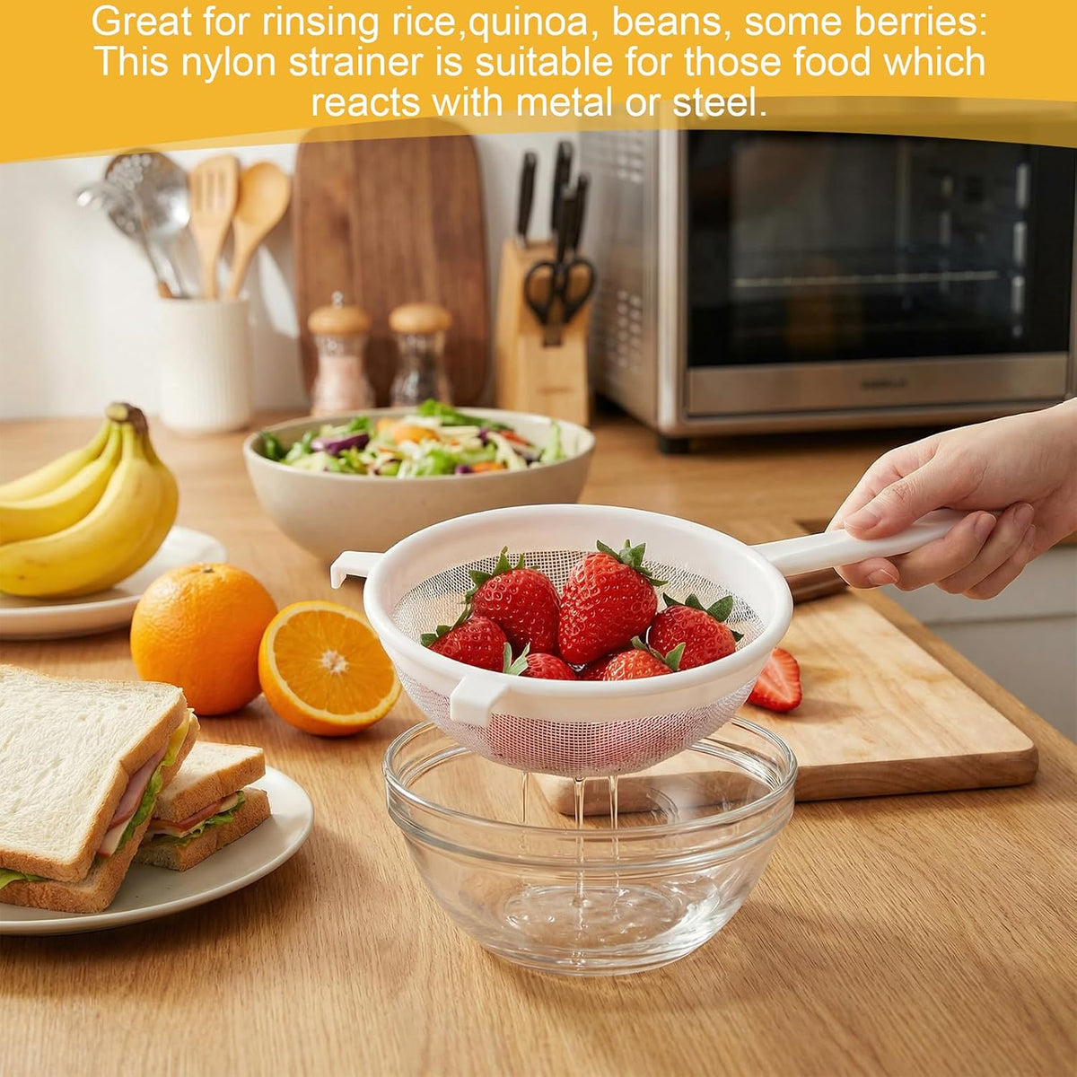 3PCS Plastic Nylon Strainer Set, 3 Sizes Ultra Fine Mesh Strainer for Juicing Kefir Grains Yogurt and More, Food-Grade Nylon Mesh Colander with Handle for DIY Crafts Baking Stuff
