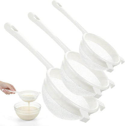 3PCS Plastic Nylon Strainer Set, 3 Sizes Ultra Fine Mesh Strainer for Juicing Kefir Grains Yogurt and More, Food-Grade Nylon Mesh Colander with Handle for DIY Crafts Baking Stuff