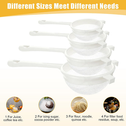 3PCS Plastic Nylon Strainer Set, 3 Sizes Ultra Fine Mesh Strainer for Juicing Kefir Grains Yogurt and More, Food-Grade Nylon Mesh Colander with Handle for DIY Crafts Baking Stuff