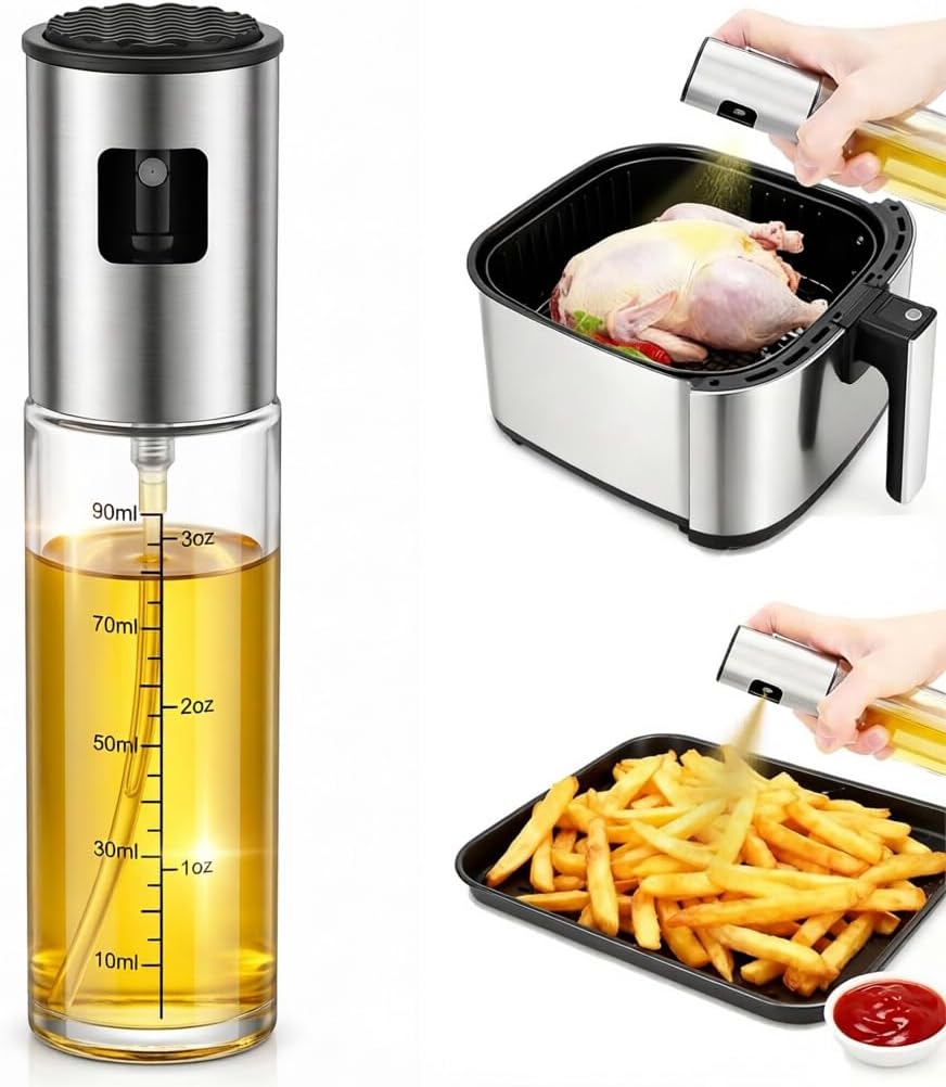 Olive Oil Sprayer, 3.5oz/100ml Oil Sprayer for Cooking, Oil Sprayer for Air Fryer, Stainless Steel Pump for Mist Spray, Food Grade Glass Metarial Mister for Kitchen Gadgets, Salad, BBQ