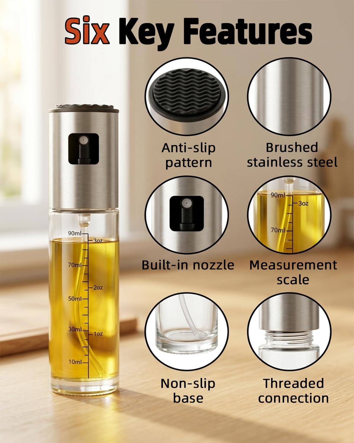 Olive Oil Sprayer, 3.5oz/100ml Oil Sprayer for Cooking, Oil Sprayer for Air Fryer, Stainless Steel Pump for Mist Spray, Food Grade Glass Metarial Mister for Kitchen Gadgets, Salad, BBQ
