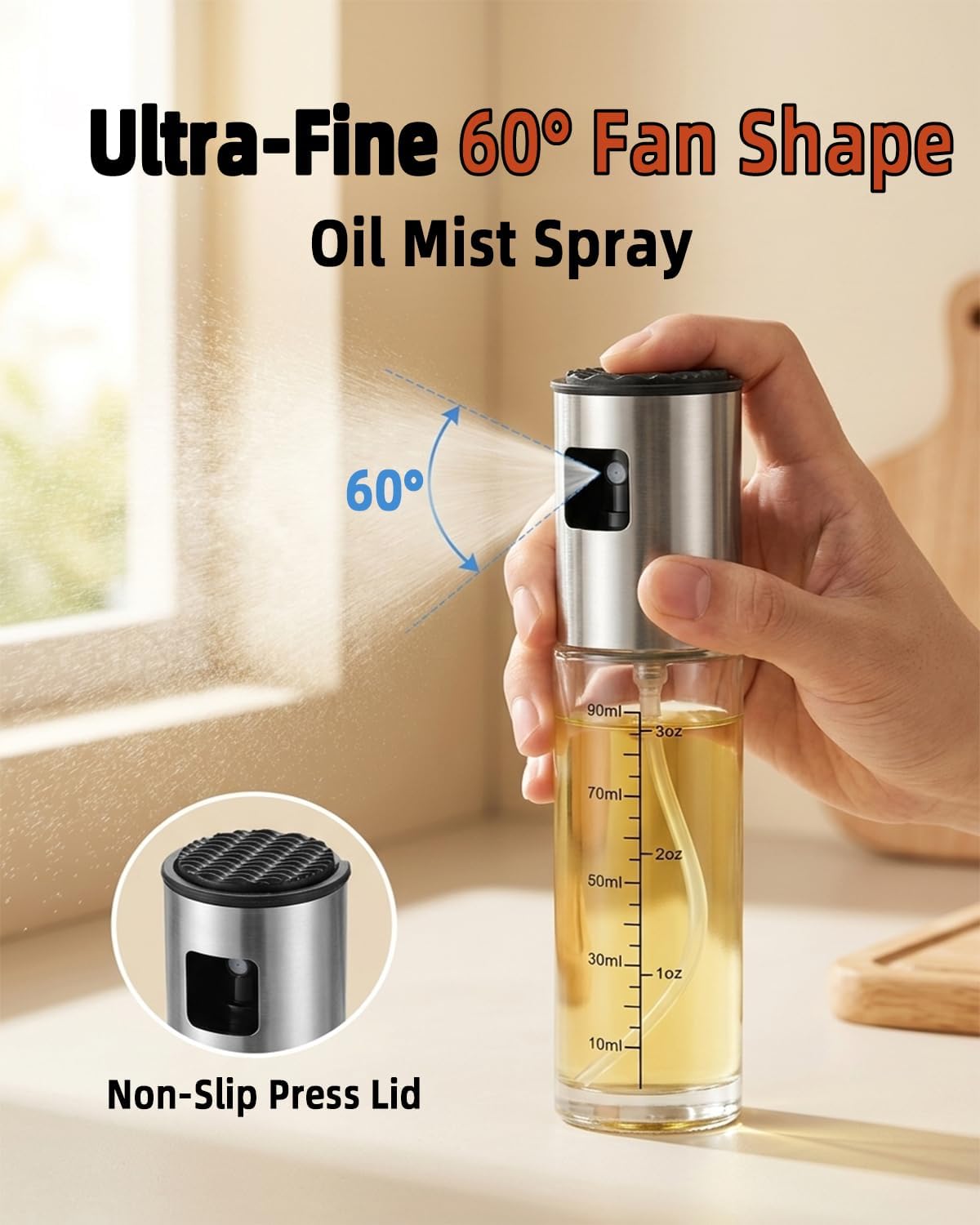 Olive Oil Sprayer, 3.5oz/100ml Oil Sprayer for Cooking, Oil Sprayer for Air Fryer, Stainless Steel Pump for Mist Spray, Food Grade Glass Metarial Mister for Kitchen Gadgets, Salad, BBQ