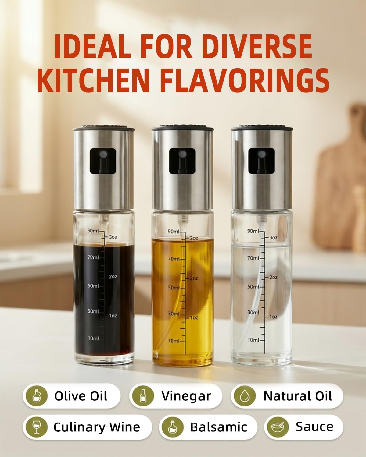 Olive Oil Sprayer, 3.5oz/100ml Oil Sprayer for Cooking, Oil Sprayer for Air Fryer, Stainless Steel Pump for Mist Spray, Food Grade Glass Metarial Mister for Kitchen Gadgets, Salad, BBQ